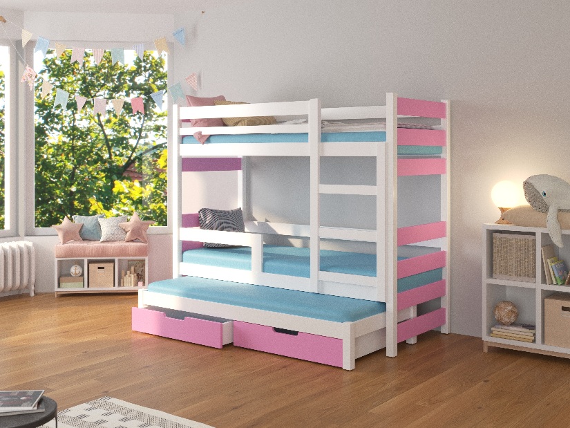 Poschodová detská posteľ 180x75 cm Karin (s roštom a matracom) (biela + ružová)