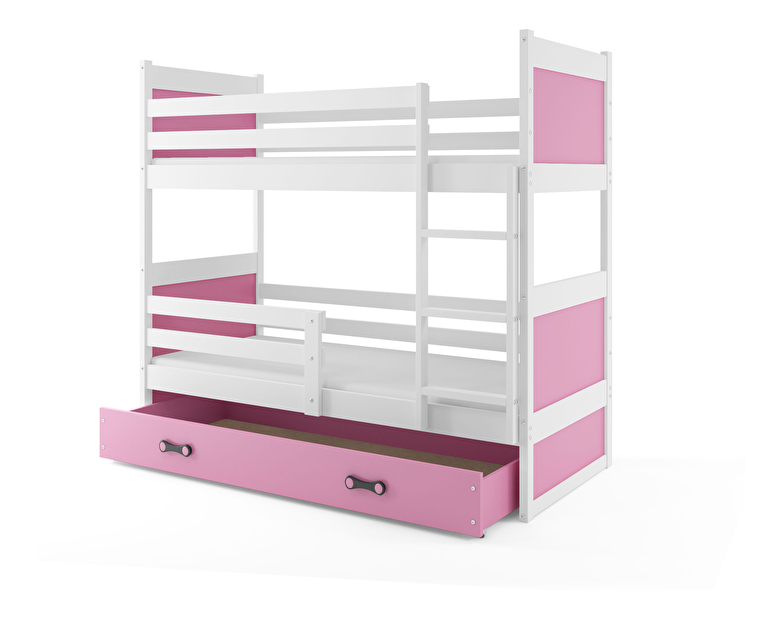 Poschodová posteľ 90 x 200 cm Ronnie B (biela + ružová) (s roštami, matracmi a úl. priestorom)