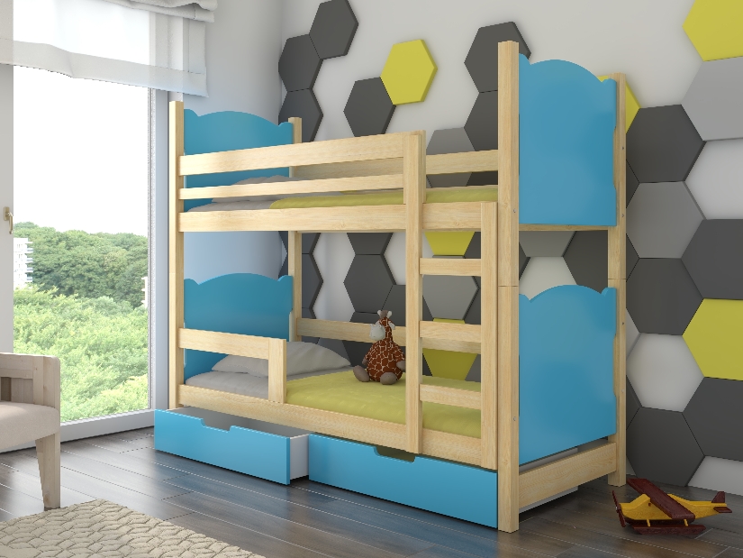 Poschodová detská posteľ 180x75 cm Marryann (s roštom a matracom) (borovica + modrá)