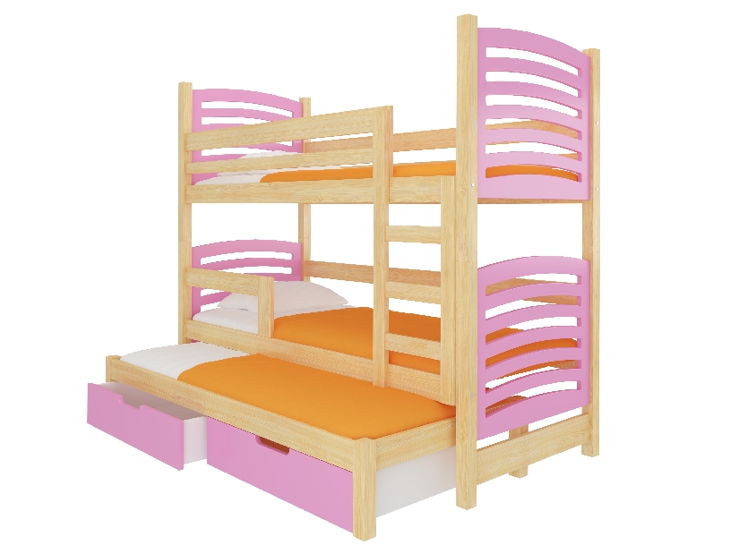 Poschodová detská posteľ 180x75 cm Stanislava (s roštom a matracom) (borovica + ružová)
