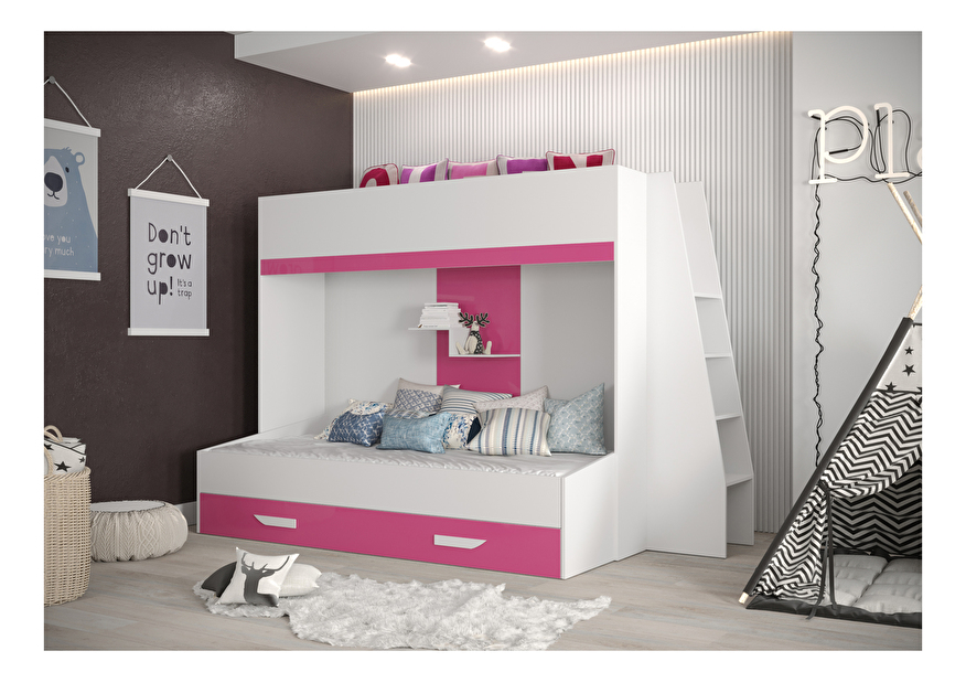 Detská kombinovaná posteľ 90 cm Puro 17 (matná biela + biely lesk + ružový lesk)
