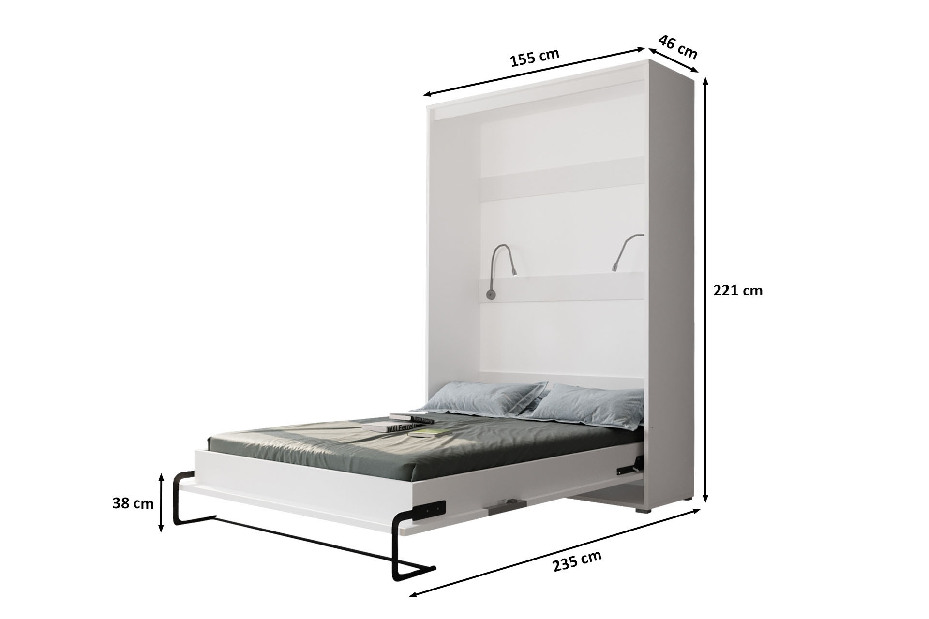 Sklápacia posteľ 140 Homer (biela matná + lesklá sivá) (vertikálna) (s osvetlením)