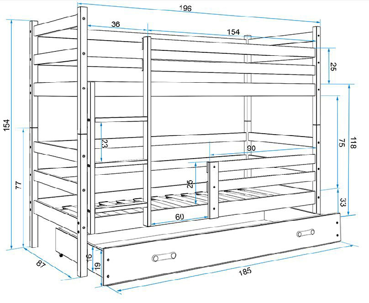 Poschodová posteľ 80 x 190 cm Eril B (grafit + modrá) (s roštami, matracmi a úl. priestorom)
