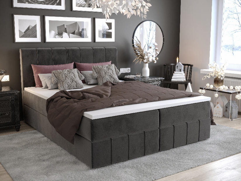Manželská posteľ Boxspring 160 cm Barack Comfort (tmavosivá) (s matracom a úložným priestorom)