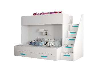 Detská kombinovaná posteľ 90 cm Puro 16 (matná biela + biely lesk + tyrkysové úchytky)