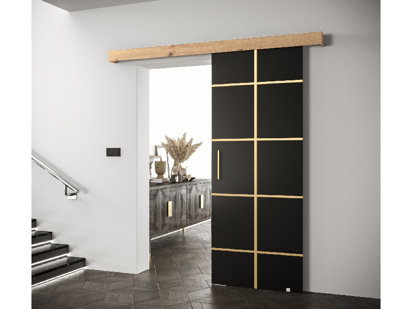 Posuvné dvere 90 cm Sharlene III (čierna matná + dub artisan + zlatá)