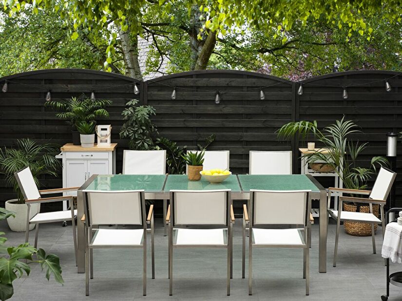 Záhradná jedálenská sada Grosso (biela) (sklenená doska 220x100 cm) (biele stoličky)
