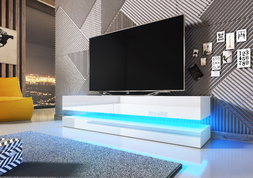 TV stolík Fly (biely lesk) (s modrým osvetlením) *výpredaj
