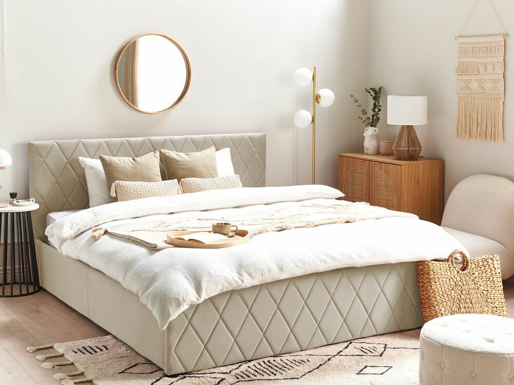 Manželská posteľ 180 cm Rhett (béžová) (s roštom a úložným priestorom)