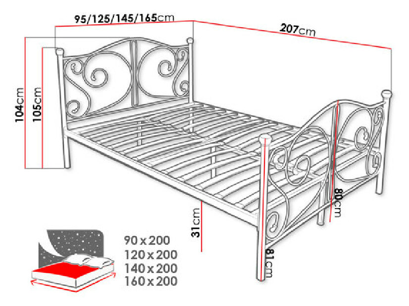 Kovová posteľ s kryštálmi Drystan (čierna) (140x200)