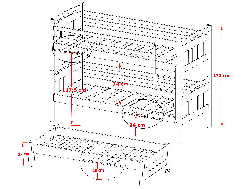 Detská posteľ 90 x 190 cm IVA (s roštom a úl. priestorom) (borovica)