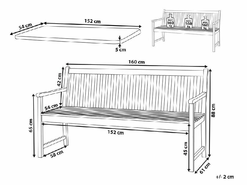Záhradná lavica 160 cm VESTFOLD (drevo) (béžový podsedák)