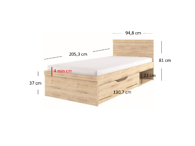 Jednolôžková posteľ 90 cm ORIT (dub san remo) (s roštom)