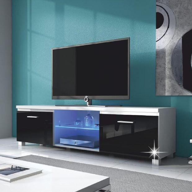 TV stolík/skrinka Linerad (biela + extra vysoký lesk čierny) (s osvetlením)
