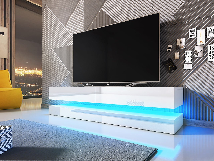 TV stolík/skrinka Valentino 140 (s modrým LED osvetlením) (biela + lesk biely) *výpredaj