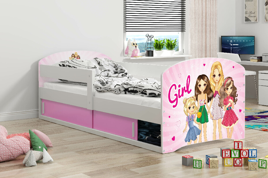 Detská posteľ 80 x 160 cm Lukan (biela + vzor girls) (s roštom, matracom a úl. priestorom)