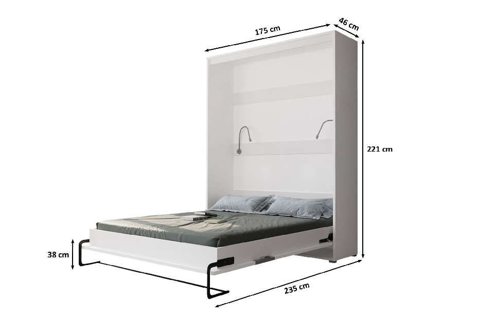 Sklápacia posteľ 160 Homer (biela matná + lesklá sivá) (vertikálna) (s osvetlením)