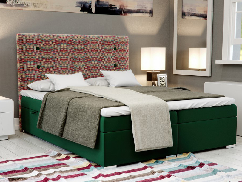 Kontinentálna posteľ 140 cm Grini (smaragdová + viacfarebné) (s úložným priestorom)