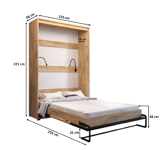 Sklápacia posteľ 140 Cassie (craft zlatý + čierna matná) (vertikálna) (s osvetlením)