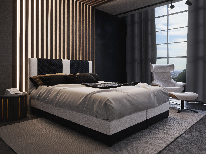 Manželská posteľ Boxspring 140 cm Pecos Comfort (ekokoža + čierna + biela) (s matracom a úložným priestorom)