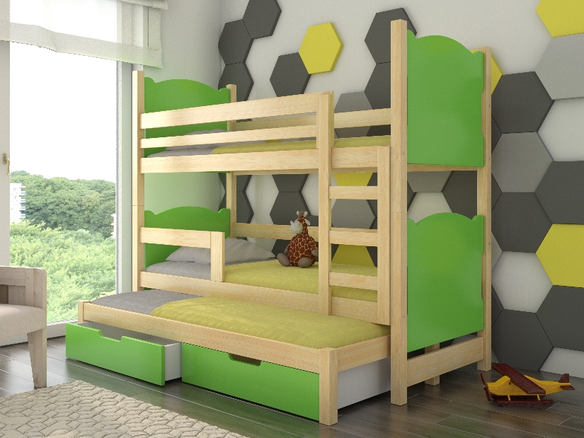 Poschodová detská posteľ 180x75 cm Lukrécia (s roštom a matracom) (borovica + zelená)