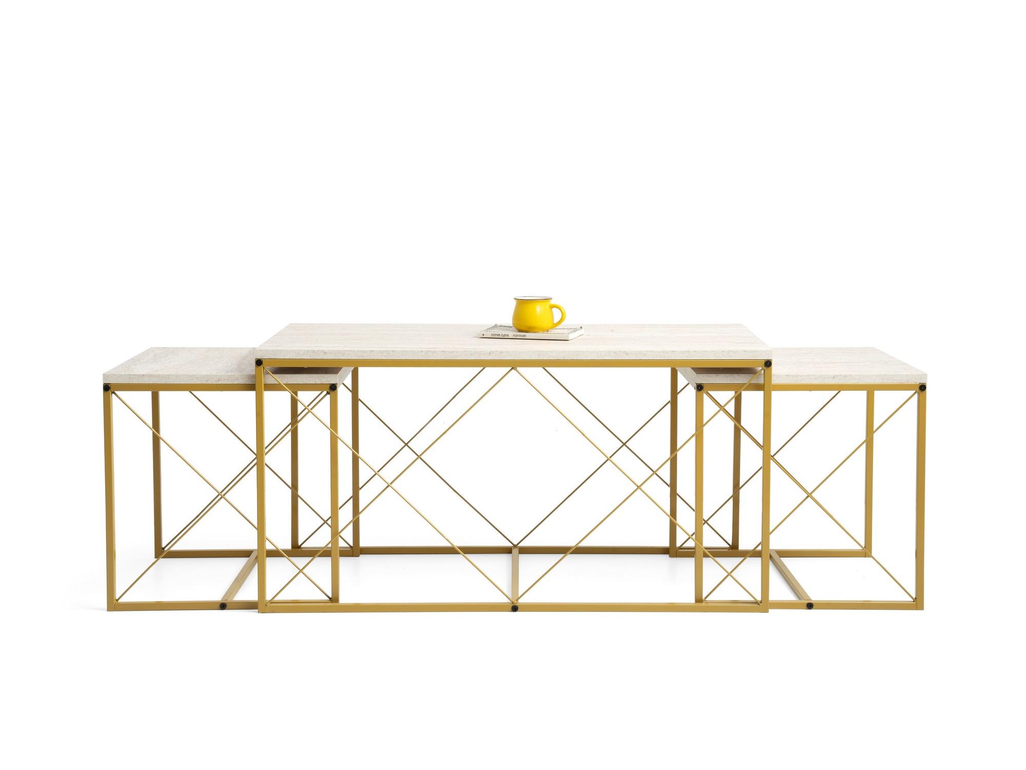 Set 3 konferenčných stolíkov Defenella (mramor + zlatá) *bazár