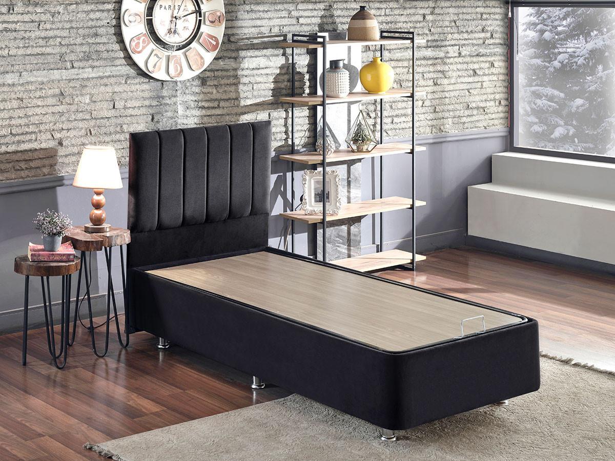 Jednolôžková posteľ s čalúneným čelom 100 cm Kemadi (čierna) (s roštom) (s úlož. priestorom)