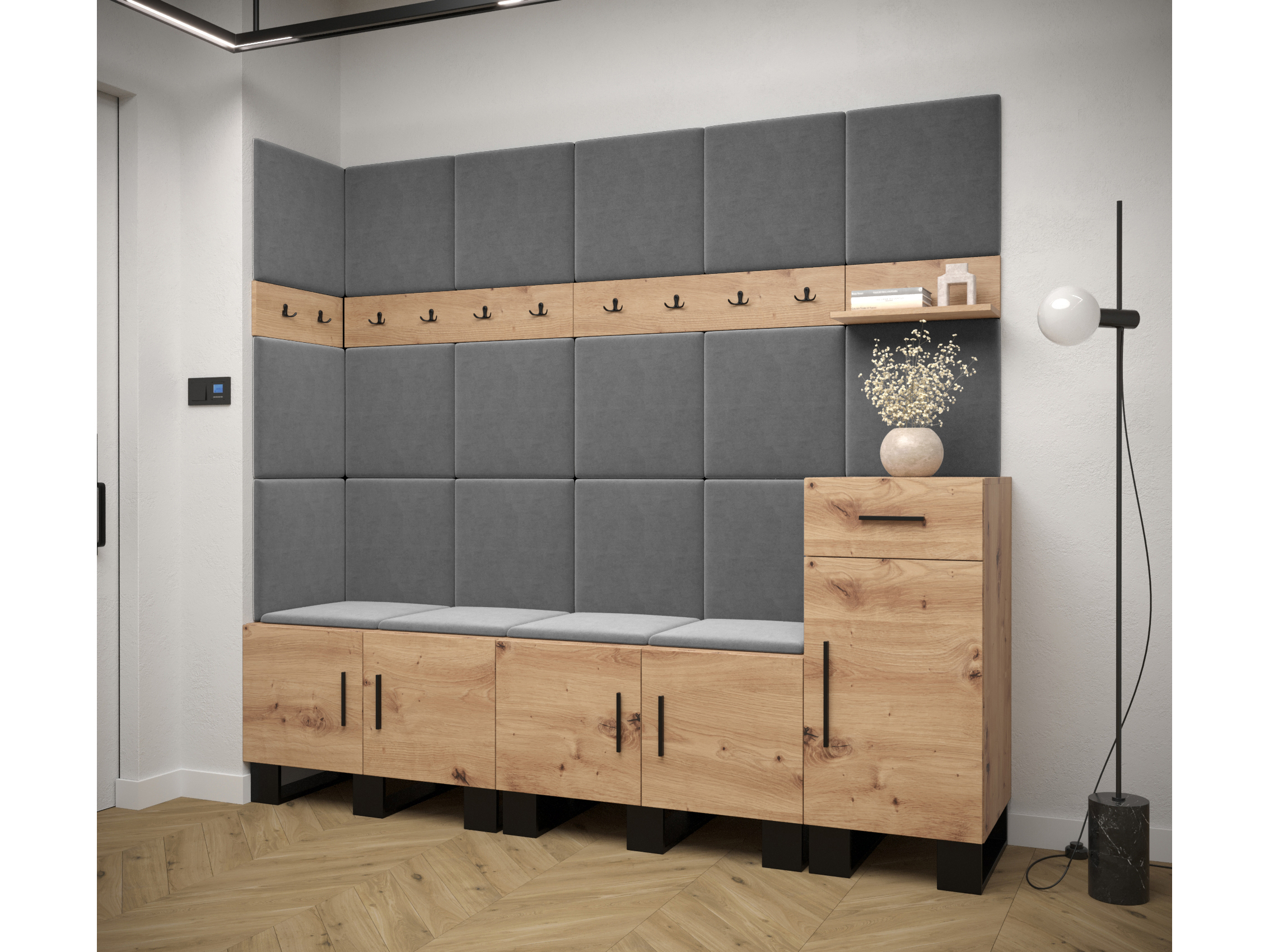 Predsieňová zostava Amanda 9 (dub artisan + tmavosivá)