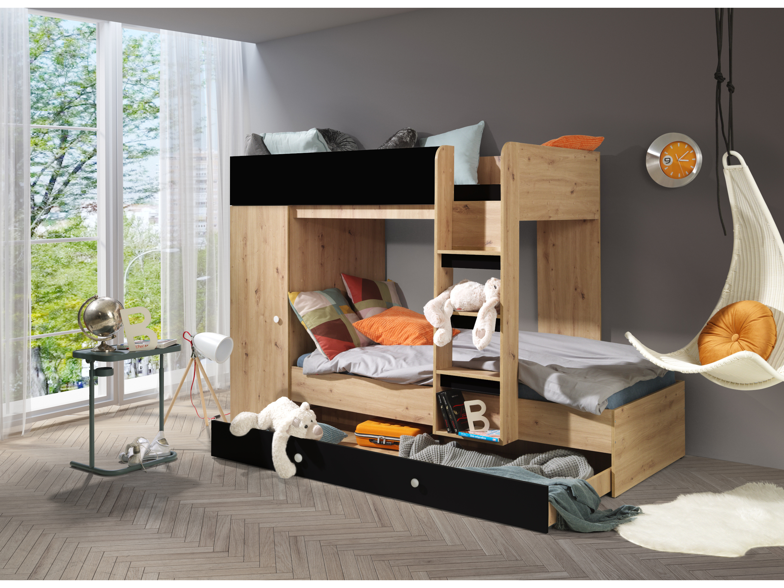 Detská kombinovaná posteľ 90 cm Sami 2 (dub artisan + matná čierna + biele madlá)