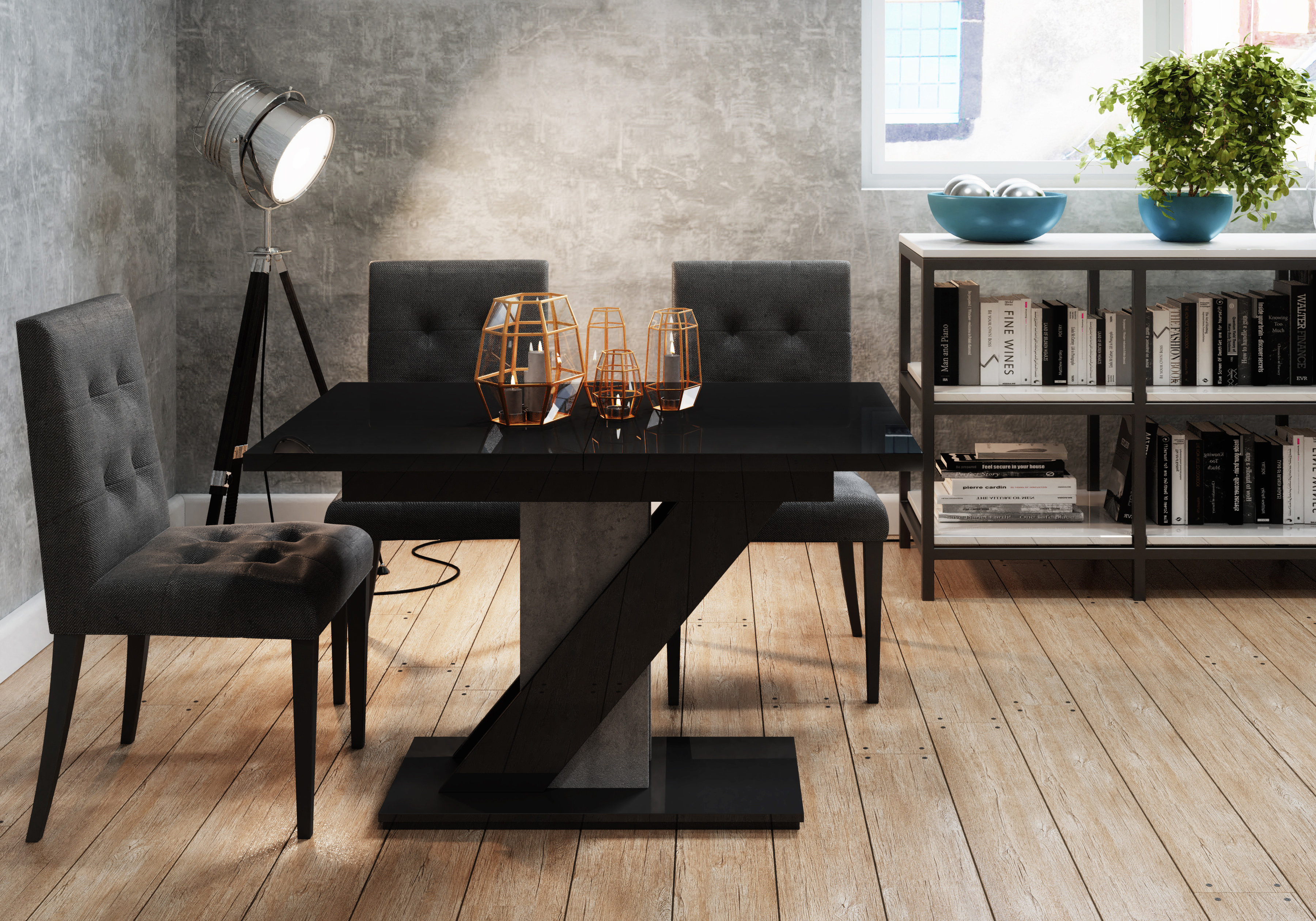 Jedálenský stôl Mevenis (lesk čierny + kameň) (pre 4 až 6 osôb)