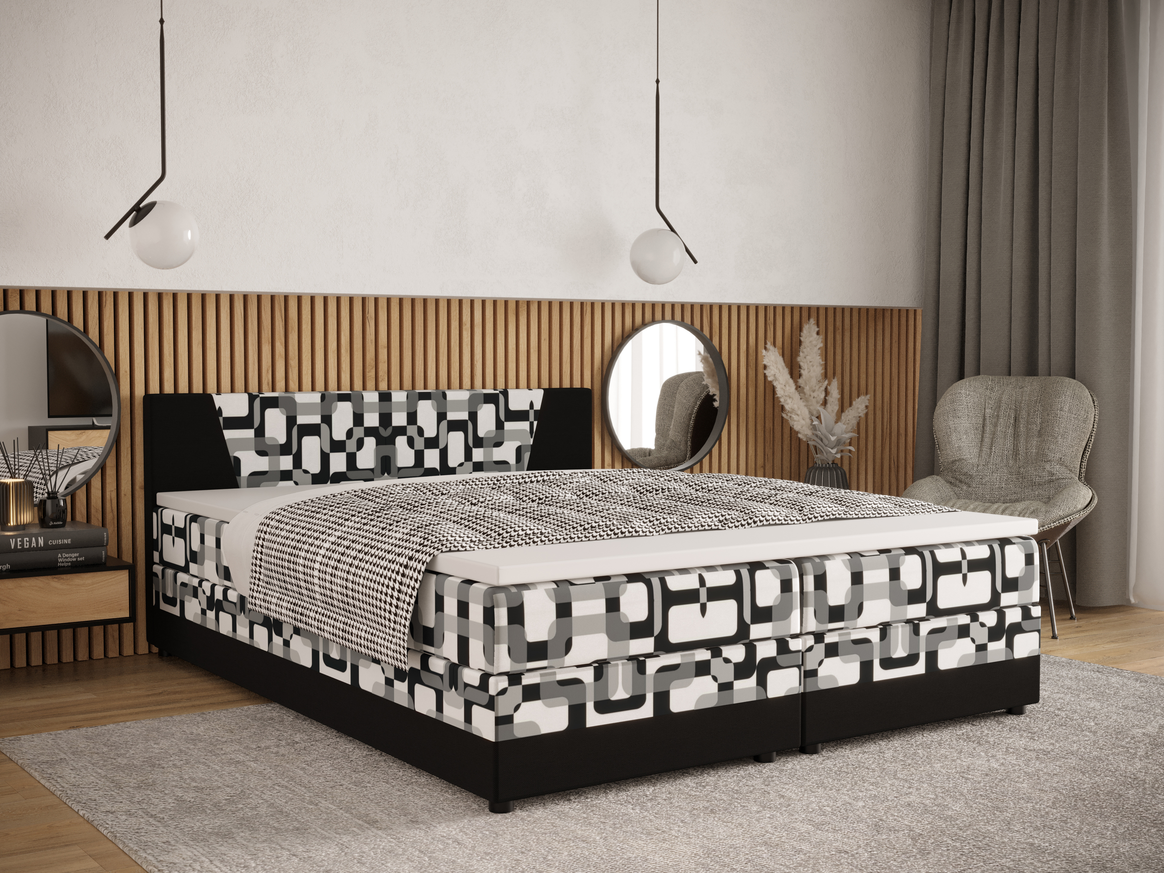 Manželská posteľ  Boxspring 160 cm Linda (vzor + čierna) (s matracom a úložným priestorom)