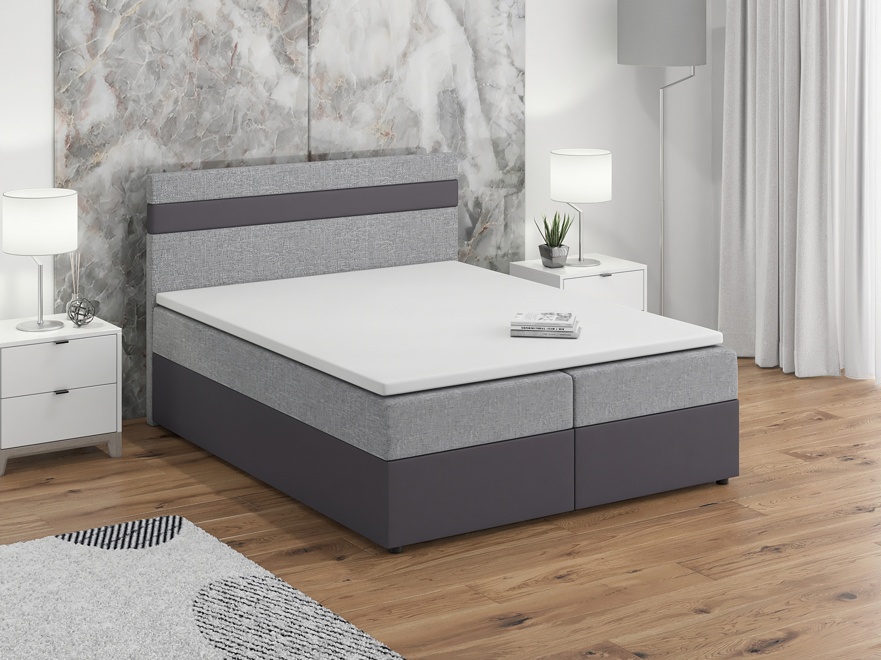 Manželská posteľ Boxspring 160x200 cm Mimosa (melírovaná svetlosivá + tmavosivá) (s roštom a matracom)
