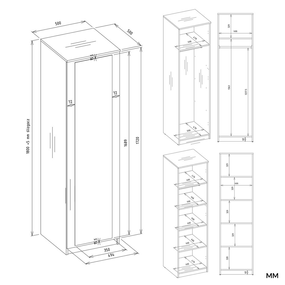 Šatníková skriňa Musecalo 2 (biela) (so zrkadlom)