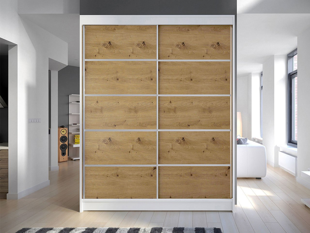 Skriňa s posuvnými dverami Bianca IV (biela + dub artisan) (bez osvetlenia)