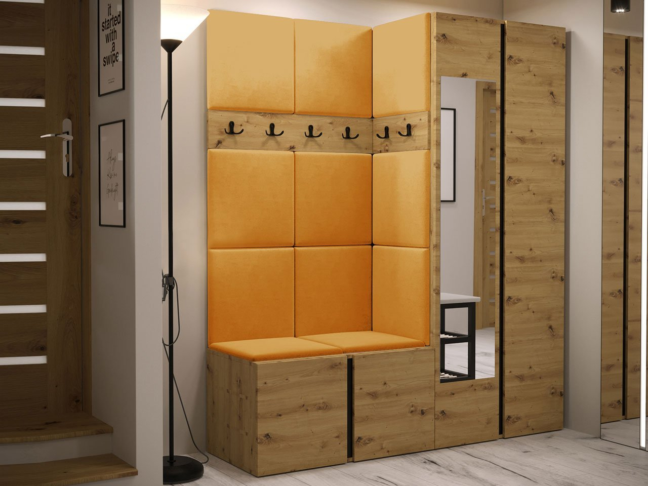 Predsieň Tovenaz XII (dub artisan + čierna + žltá) (so zrkadlom)