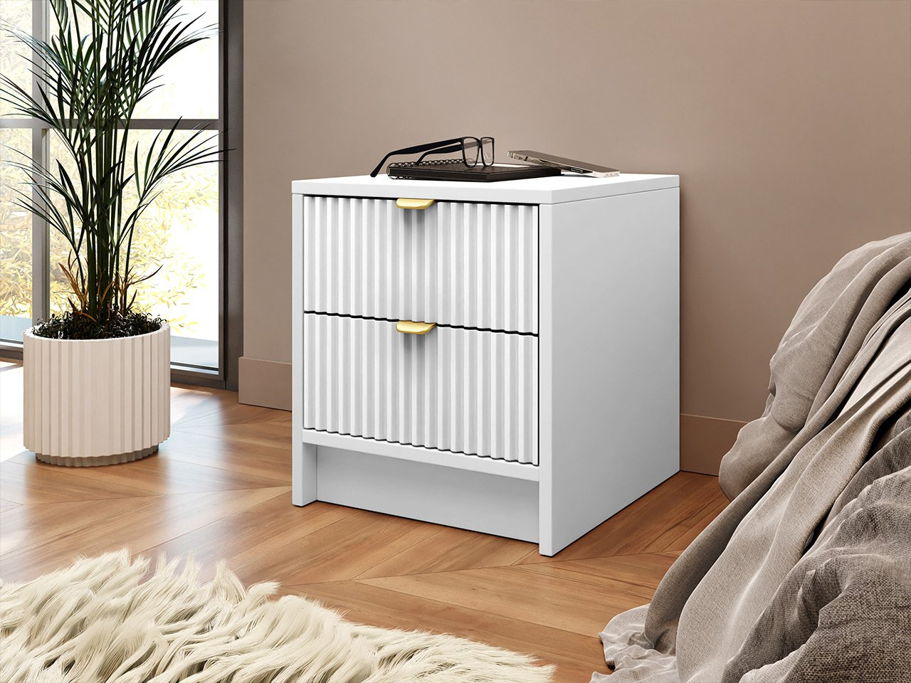 Nočný stolík Rozoma 2SZ (biely velvet + zlatá)