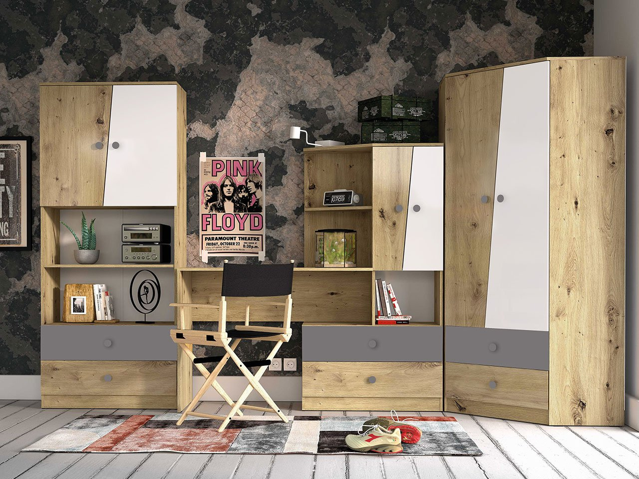 Nábytok do študentskej izby Seraphina IV (dub artisan + biela + sivá)