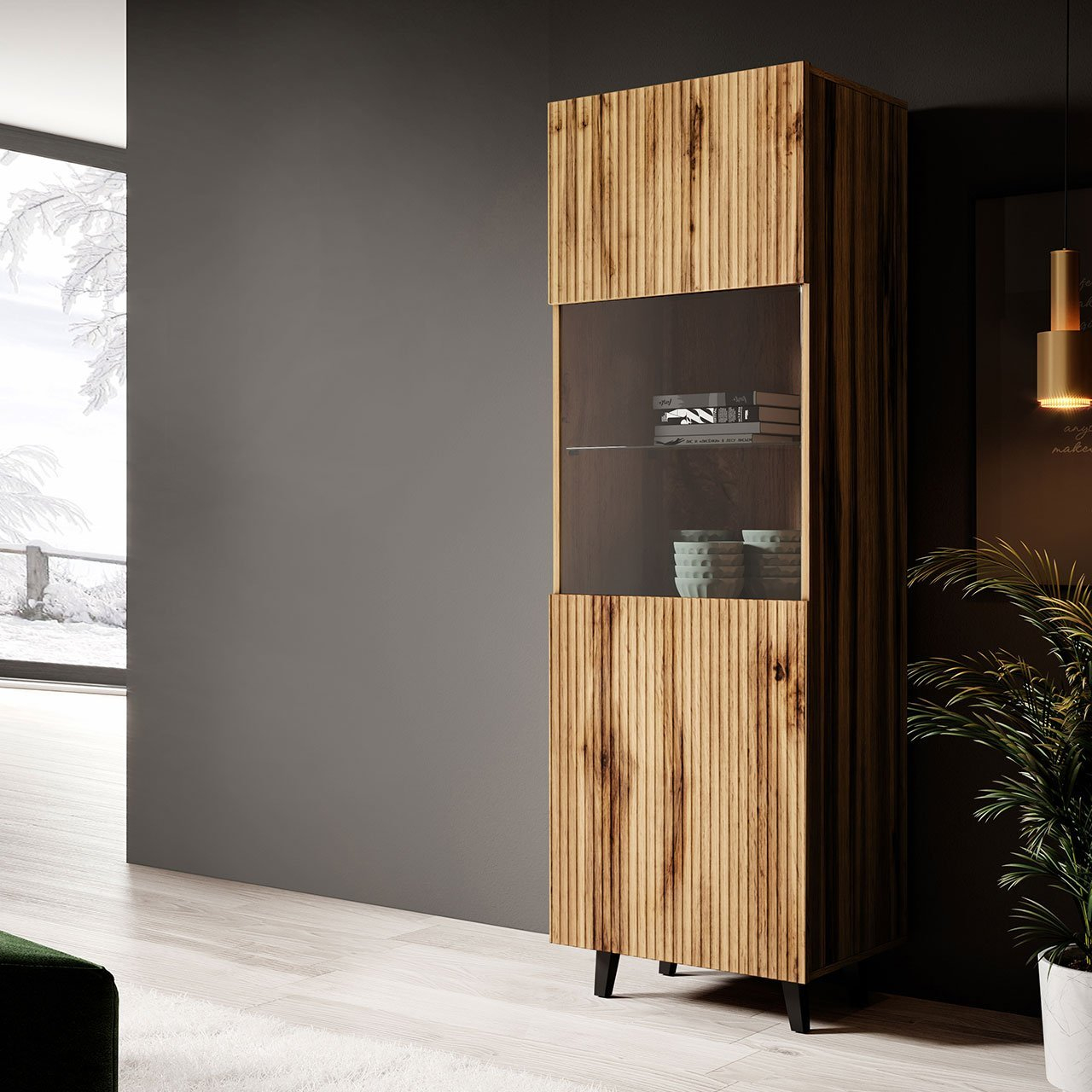 Vysoká vitrína Trilari (dub wotan + dub wotan + čierna)