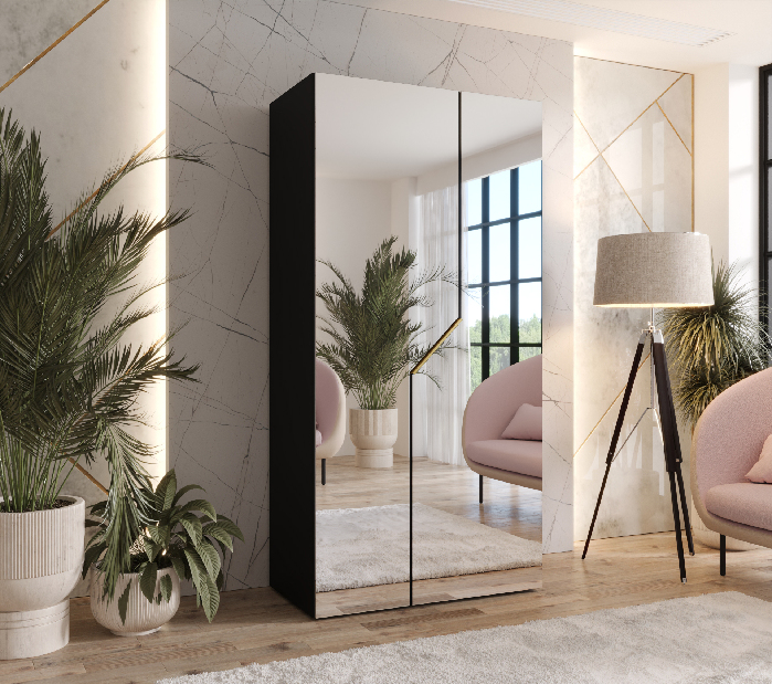 Šatníková skriňa Alaris 3 100 (čierna + zlatá) (so zrkadlom)
