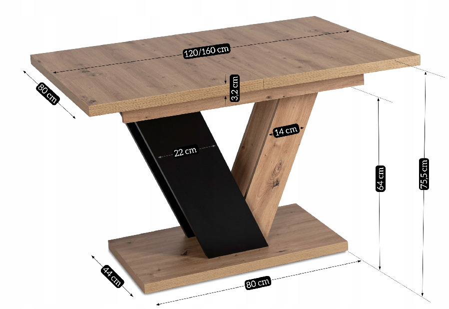 Rozkladací jedálenský stôl Comentado (dub artisan + čierna) (pre 4-6 osôb)